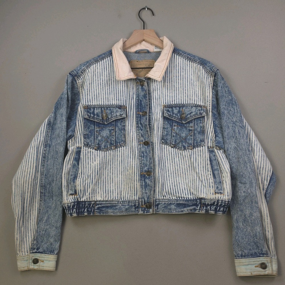 Vintage 80s East West Hickory Stripe Acid Wash Denim Trucker Jacket Womens Large